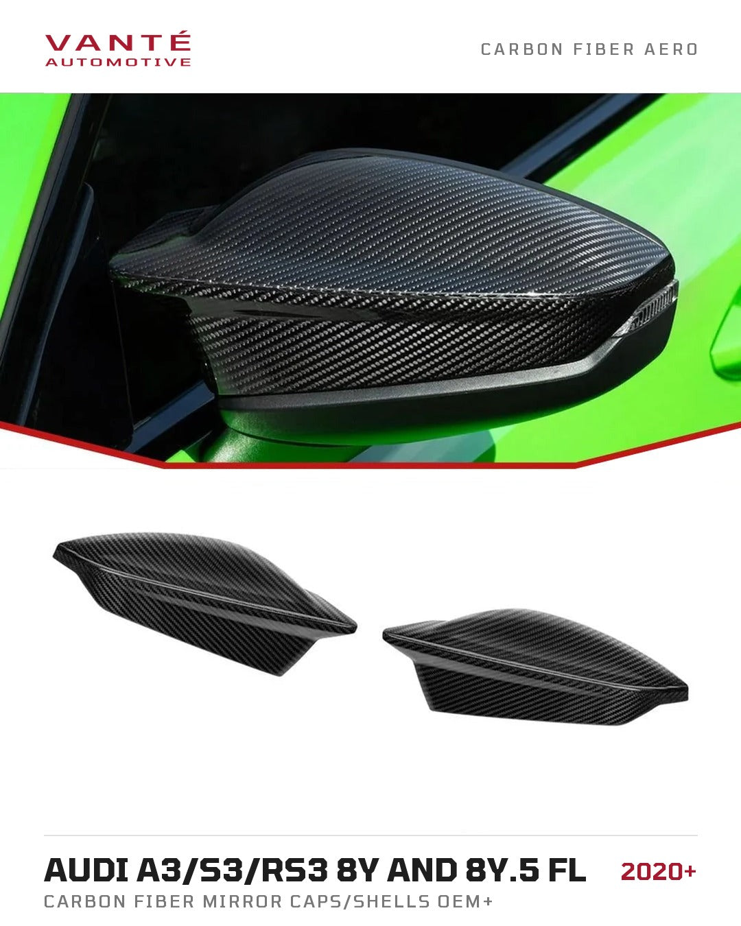 Audi A3/S3/RS3 8Y and 8Y.5 FL Carbon Fibre Mirror Caps/Shells OEM+