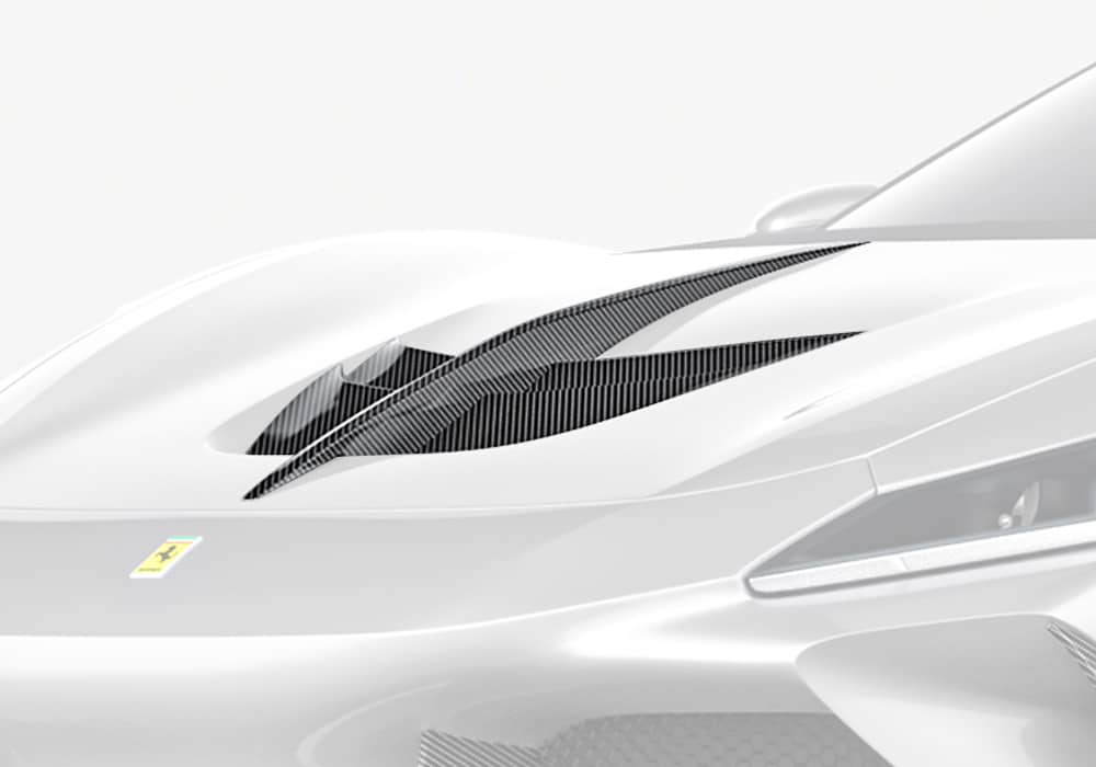 Ferrari F8 Tributo Carbon Fibre Hood Vent Trim - race-inspired lightweight bonnet upgrade