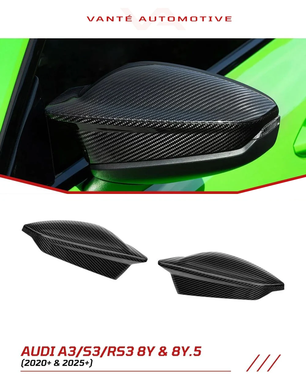 Audi A3/S3/RS3 8Y and 8Y.5 FL Carbon Fiber Mirror Caps/Shells OEM+ SOOQOO