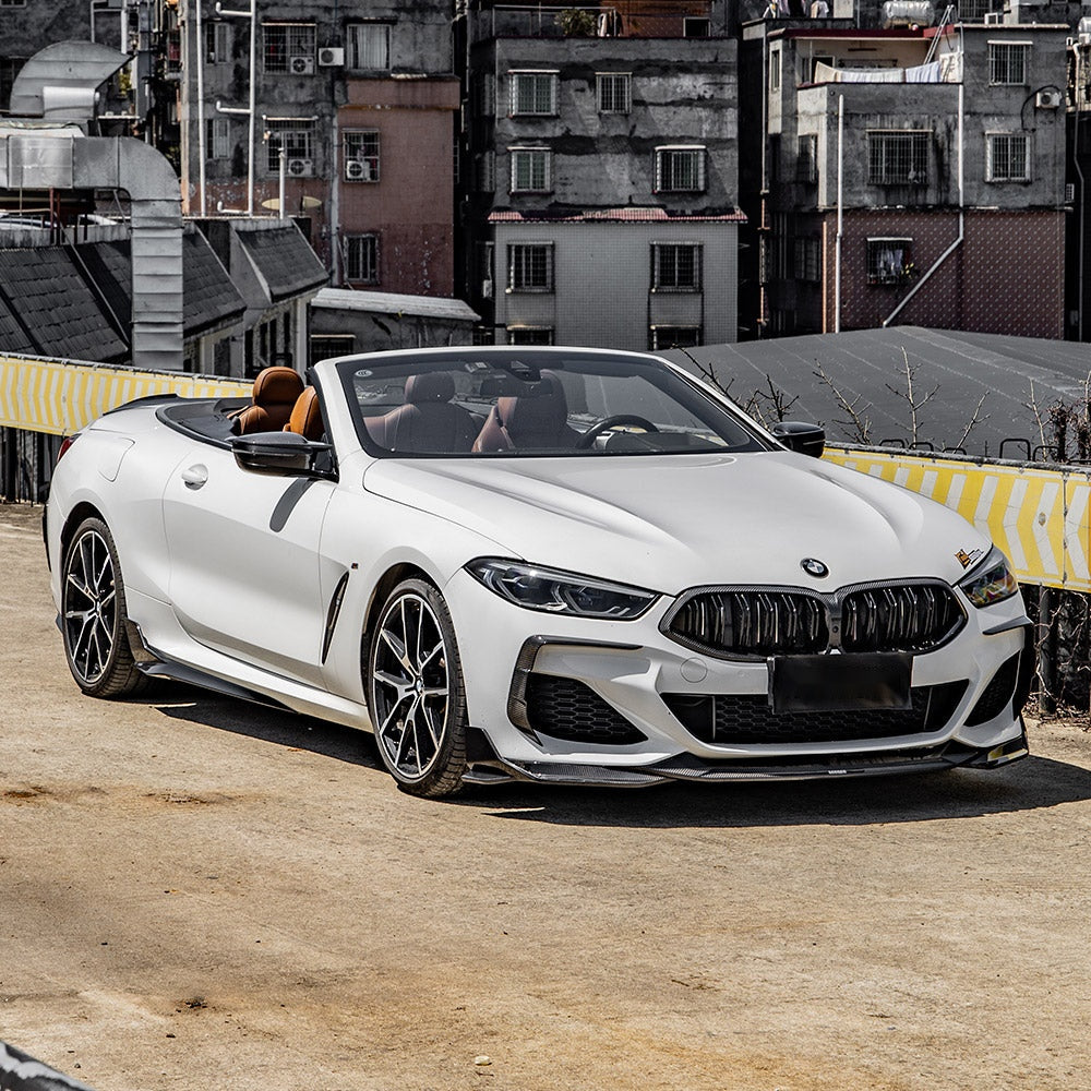 BMW 8 Series G16 Prepreg Carbon Fibre Front Lip with dual side winglets - aggressive aero upgrade