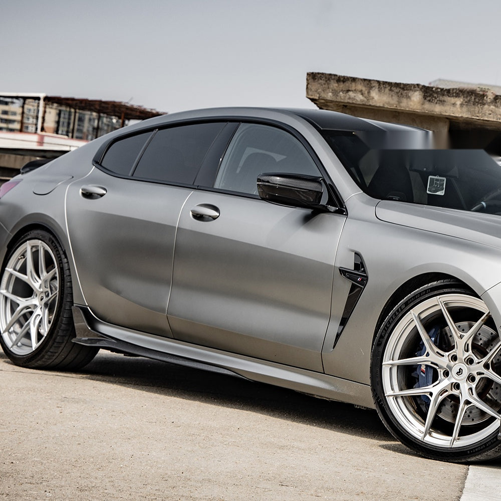 BMW M8 F93 Prepreg Carbon Fibre Side Skirts - aggressive blade accent, OEM fitment