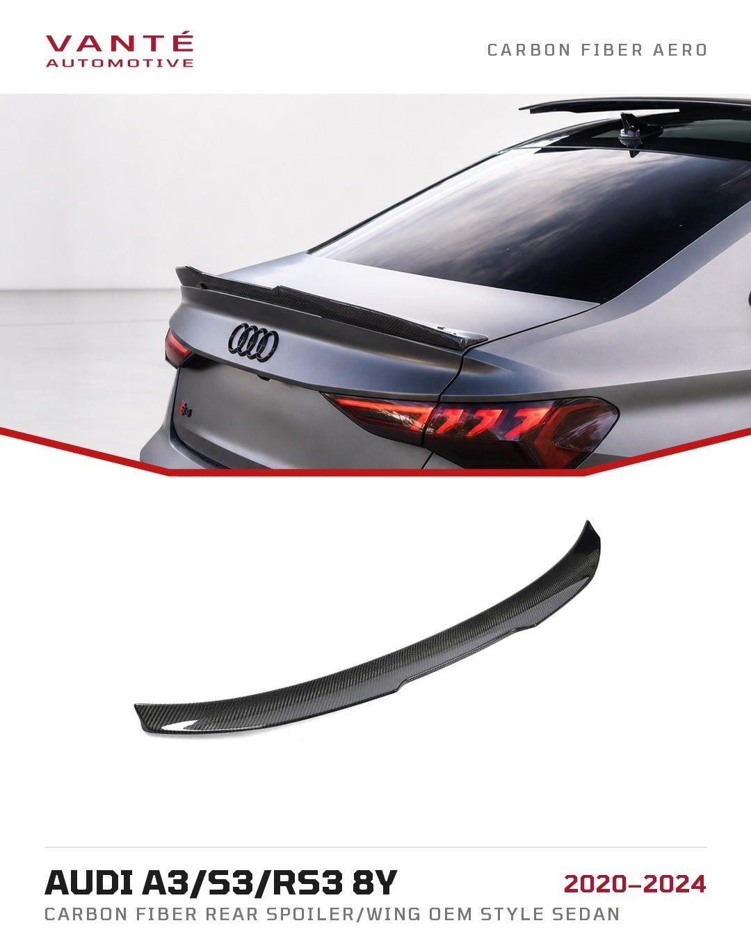Audi A3/S3/RS3 8Y Carbon Fibre Rear Spoiler/Wing OEM Style Sedan