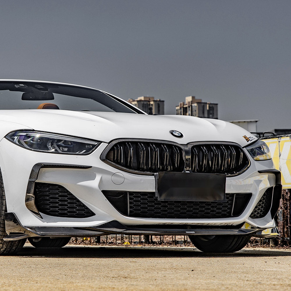 BMW 8 Series G16 Prepreg Carbon Fibre Front Lip with dual side winglets - aggressive aero upgrade