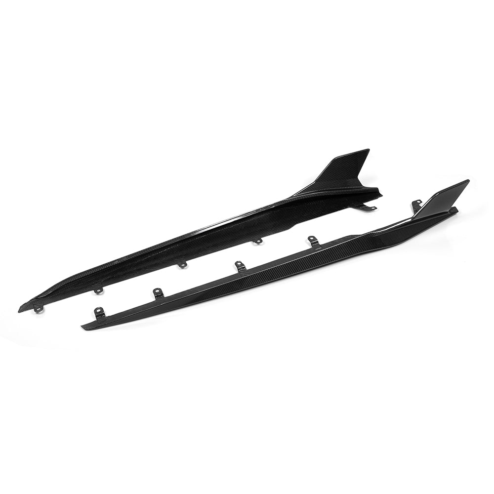 BMW M8 F93 Prepreg Carbon Fibre Side Skirts - aggressive blade accent, OEM fitment
