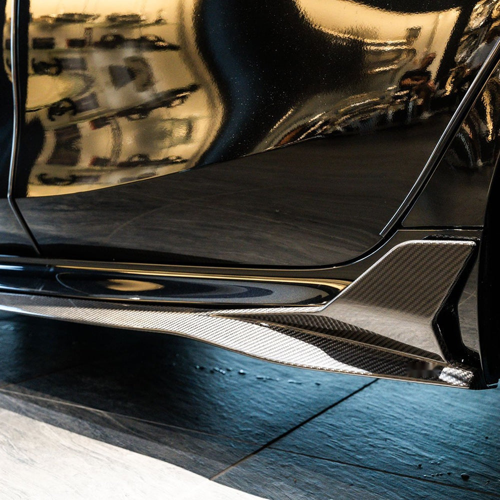 BMW M8 F93 Prepreg Carbon Fibre Side Skirts - aggressive blade accent, OEM fitment